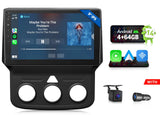 Black Android Auto 4+64G 9-inch car stereo with side buttons, Apple CarPlay icon, and built-in camera.