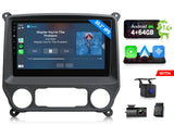 Black 10.1" Android 14 car radio with Apple CarPlay, BT, and dual rear cameras.