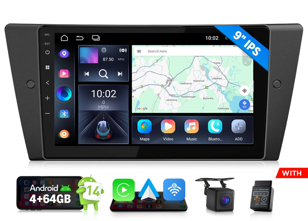 Black BMW M3 E90 2007-2013 wireless CarPlay 9-inch Android 14 car stereo headunit with Google Maps, music, and video.