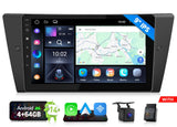 Black BMW M3 E90 2007-2013 wireless CarPlay 9-inch Android 14 car stereo headunit with Google Maps, music, and video.