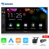 Black 7-inch QLED 2 DIN car stereo with wireless CarPlay, power cord, and labeled buttons on home screen.