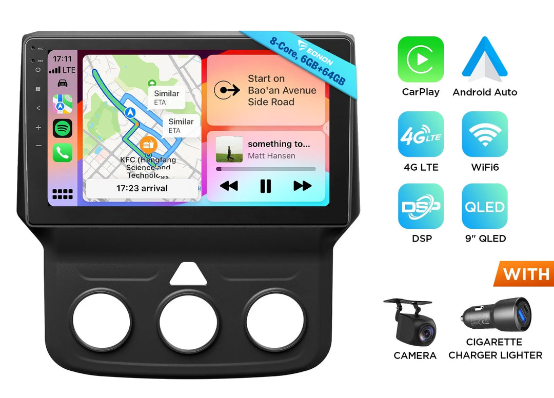 Black Eonon DGRMX6S2 aftermarket Android radio with 9-inch touchscreen, map display, and labeled buttons.