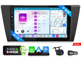 Black Eonon E90X7S 8-core CarPlay Android 14 car stereo with touchscreen, map, music, and Bluetooth.