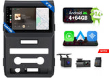 Black 9-inch Android 14 car radio with GPS, Android 4+64GB, Apple CarPlay, and backup camera for Ford F150.