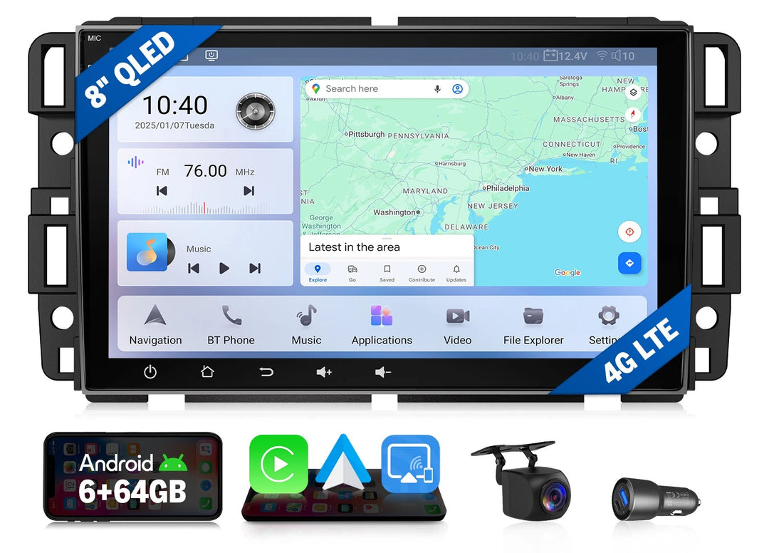 Eonon 8-core Android 13 car radio with touchscreen, map, music, BT, and camera.
