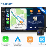 Black Apple CarPlay 7-inch double 2‑din car stereo with navigation, “They left to melod…” screen, and two front cameras.