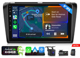 Black 9-inch Android 14 car radio with side panel, blue GPS, and icons for Android Auto, Spotify, and Google Maps.