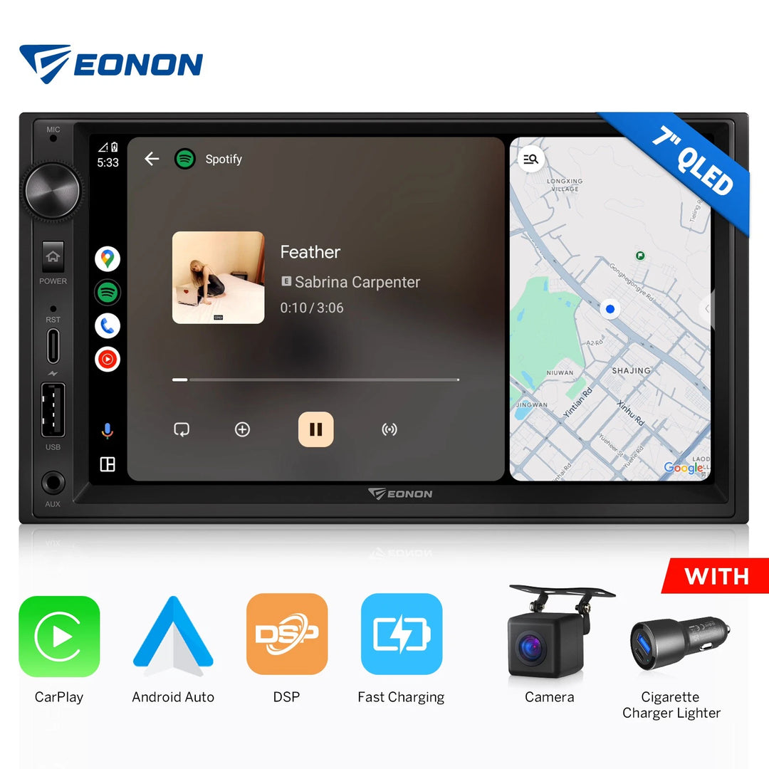 Black 7-inch QLED double DIN car radio with wireless CarPlay, Google Maps, Spotify, and EONON branding.