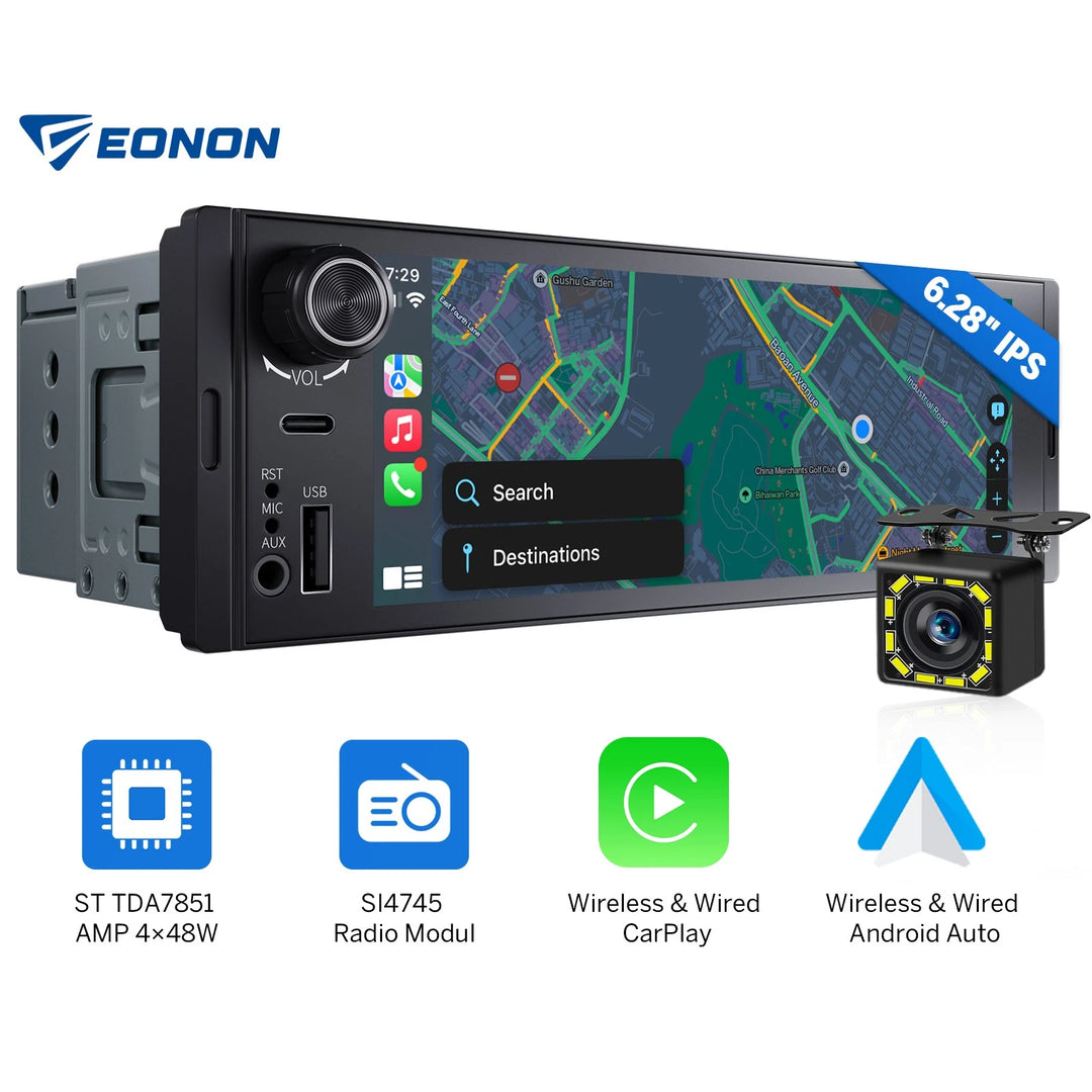 Black Android Auto 1 DIN 6.28 IPS car stereo with side view camera, GPS navigation, and labeled buttons.