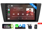 Black 9-inch Android 14 car stereo with touchscreen, Bluetooth, Spotify, Apple Music, and dual rear cameras.