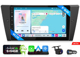 Black 9-inch BMW E90 E92 E93 8Core Android Auto DSP with blue-lit screen, search bar, and 4G LTE connectivity.