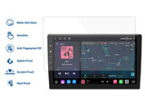 Black 10-inch PET matte anti-glare screen protector with blue text, showing home screen, map, and “APT” logo.