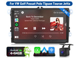 Black 9-inch Android 14 car stereo with touchscreen, Bluetooth, Apple Music, Spotify, and dual rear cameras.
