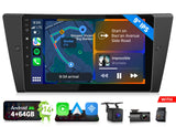 Black BMW 3 Series E90 2006-2013 Smart 9" Android car stereo with touchscreen, GPS, and side road graphic.