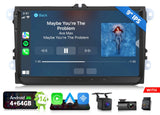 Black VW GOLF MK5 MK6 car GPS stereo with touchscreen, “Maybe You’re The Problem” text, and connected apps.
