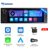 Black X3U 1 DIN 6.28" car stereo with blue-lit touchscreen, wireless CarPlay, and Android Auto icons.