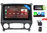 Black 10.1" Android 14 car radio with touchscreen, Bluetooth, GPS, and “Speak Now” package for Chevy Silverado 2014-2018.