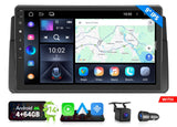 Black 9-inch IPS Android 14 CarPlay DSP with multicolor icons, Google Maps, and blue-tooth car radio.