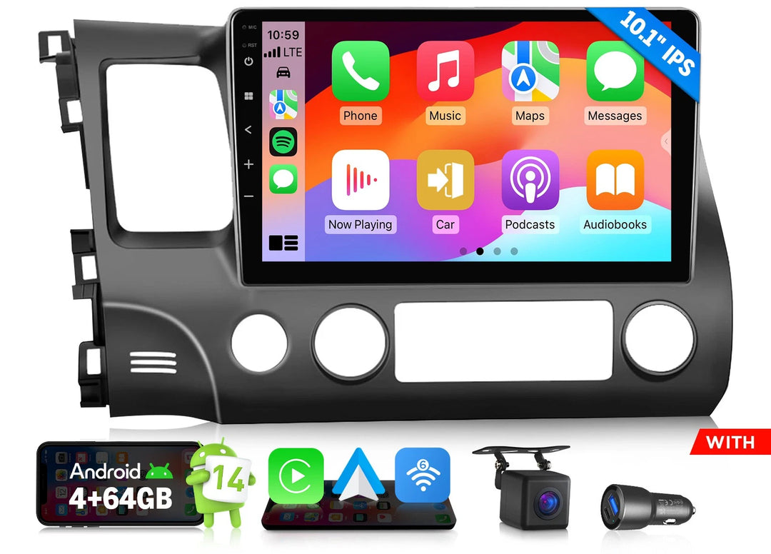Black HCIV1X7A Android 14 car radio with 10.1-inch touchscreen, side buttons, and “Android 4+64” text in white.