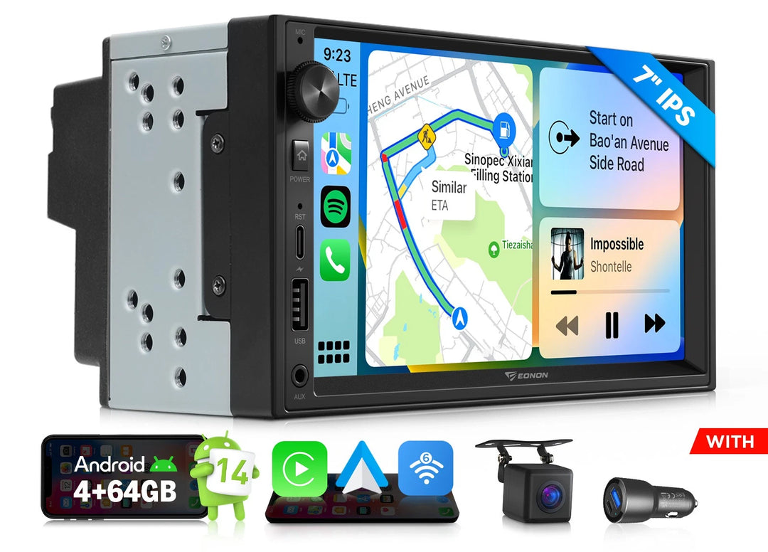 Black 7-inch double DIN car stereo with wireless CarPlay, Android Auto, DSP, GPS, and side road view.