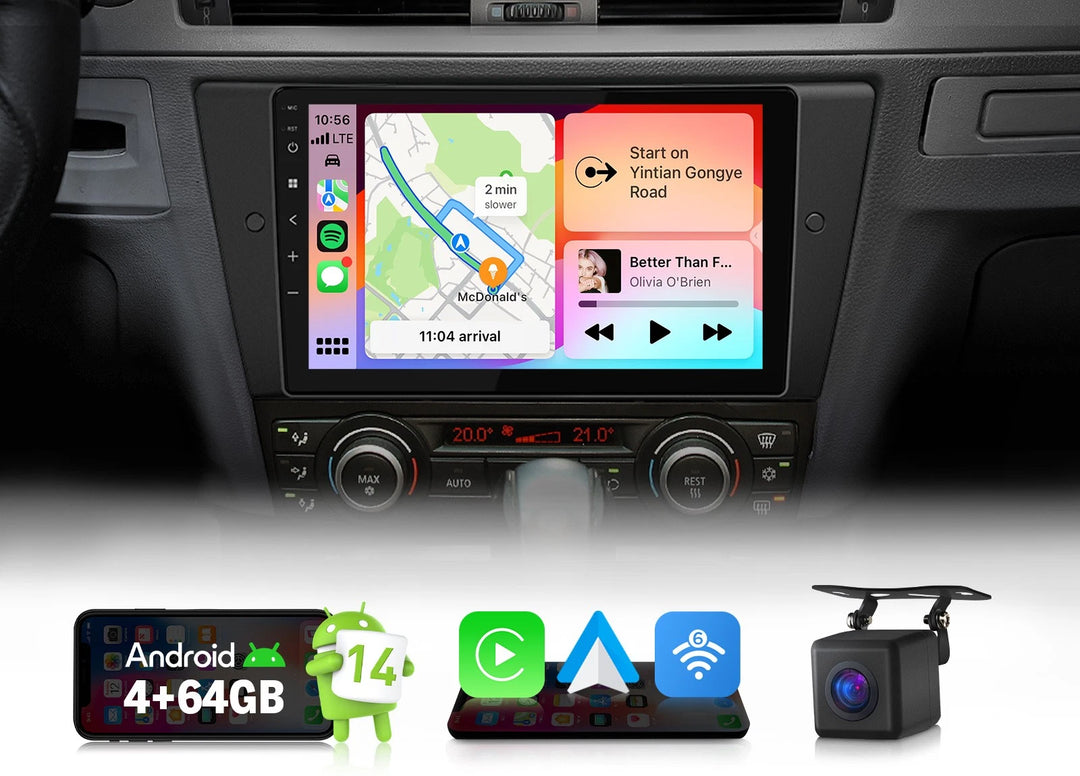 Black 9-inch Android 14 car radio head unit with Apple CarPlay icon, side buttons, and built-in rearview camera.