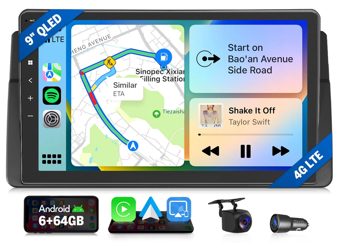 Black 9-inch QLED Android 13 car stereo with blue side panel, map view, and icons for navigation, music, and camera.