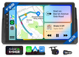 Black 9-inch QLED Android 13 car stereo with blue side panel, map view, and icons for navigation, music, and camera.