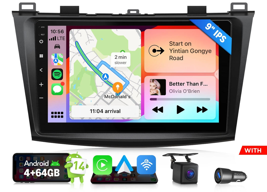 Black 9-inch Android 14 car stereo with orange GPS map, blue side panel, and icons for Spotify, Apple Music, and Google Maps.