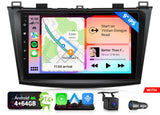 Black 9-inch Android 14 car stereo with orange GPS map, blue side panel, and icons for Spotify, Apple Music, and Google Maps.