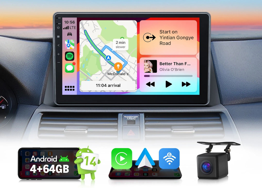Black 10.1" car stereo with Android 14, CarPlay icon, GPS, and “Better Than F…Olivia O’Brien” text.