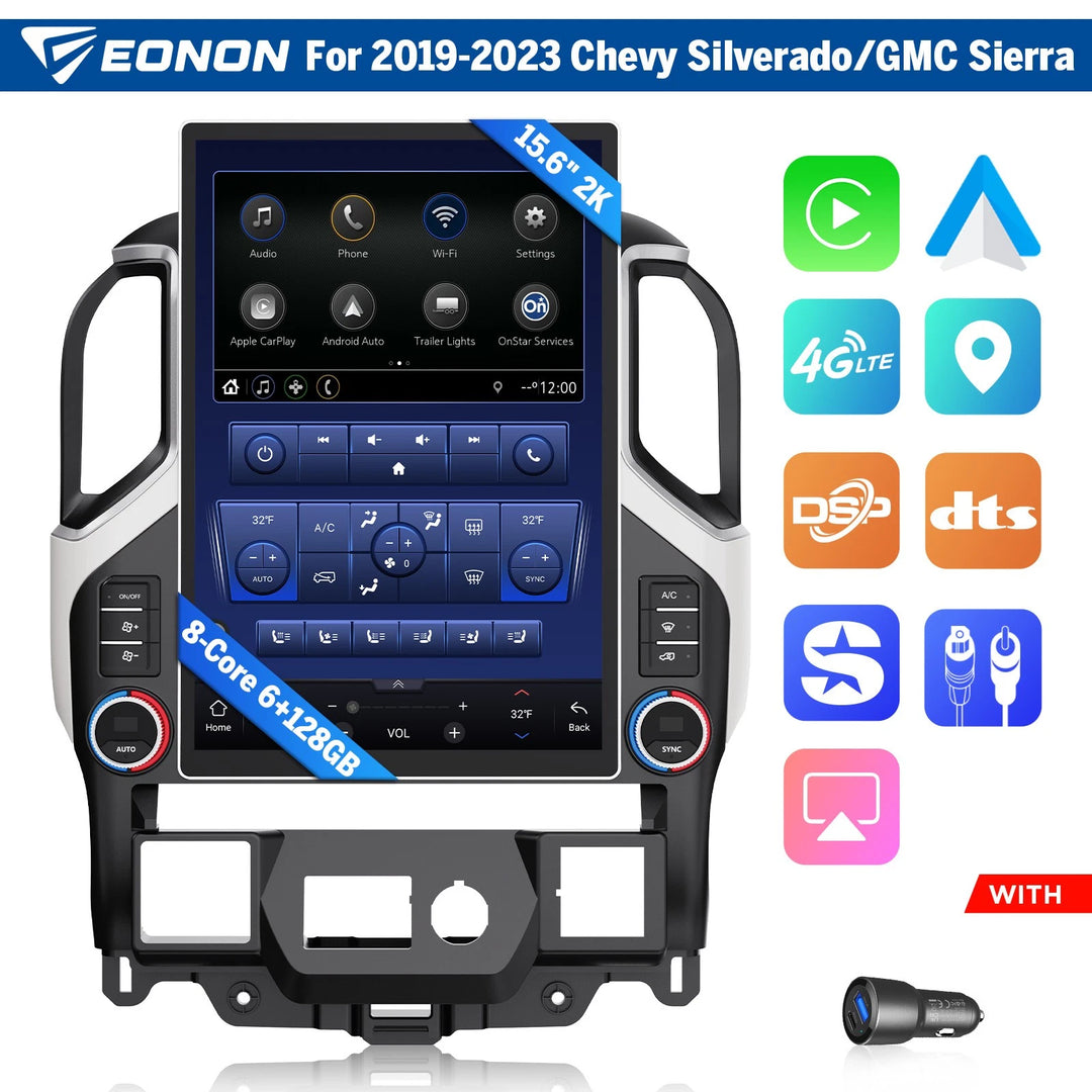 Black Eonon GM3V7 car stereo with 15.6-inch touchscreen, side buttons, and “WITH” text at bottom.