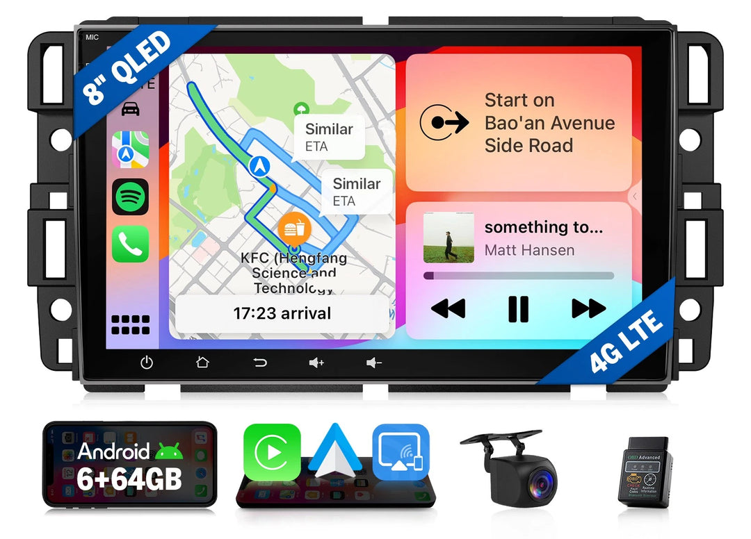Black 8-inch QLED car stereo with blue side panel, showing home screen displaying Google Maps, KFC logo, and text “Start on Biao’an Avenue.”
