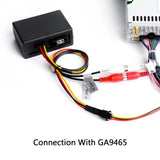 Black optical fiber decoder box with multiple RCA and S-Video input ports, shown connected to a white BMW E90-E93 stereo unit.