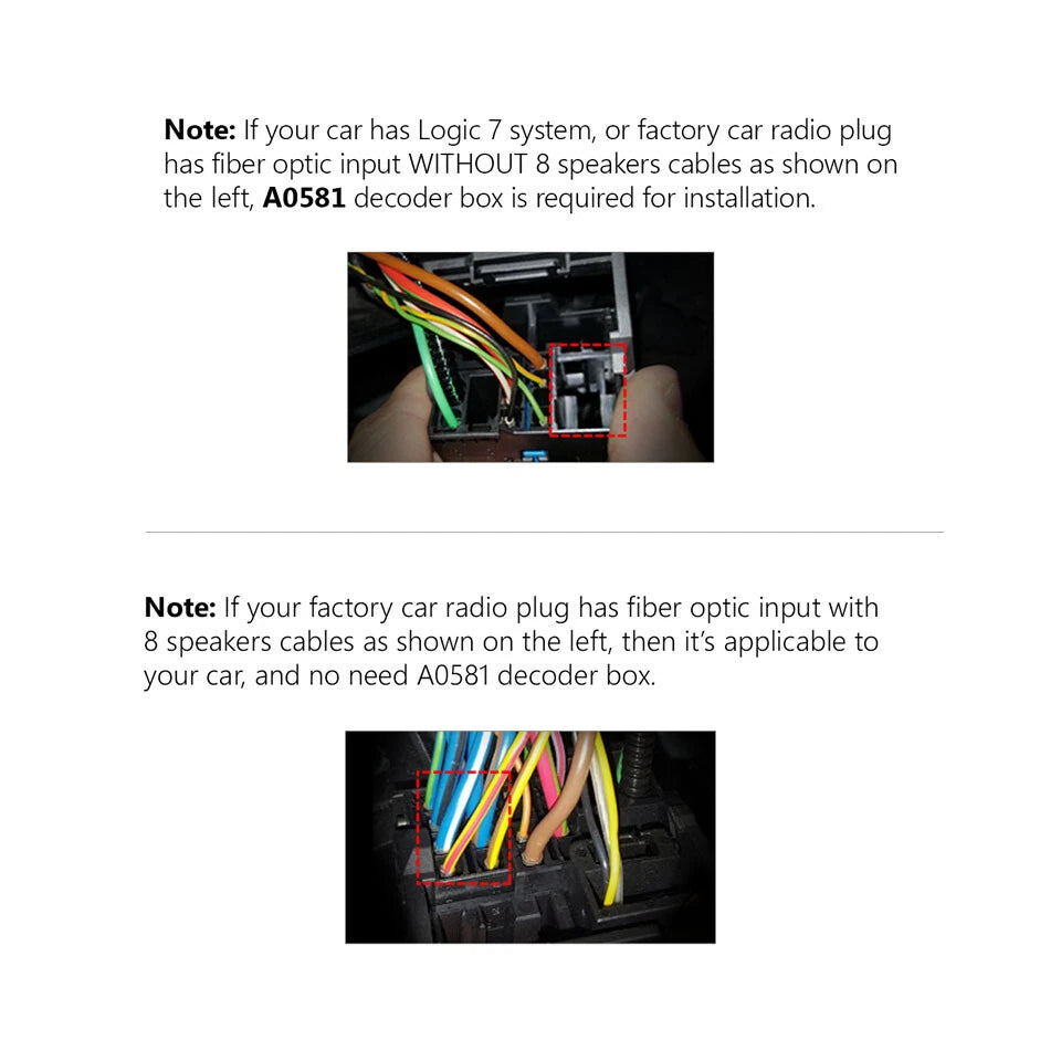 Black optical fiber decoder box with multiple RCA ports and visible branding, shown on a BMW E90-E93 car stereo installation diagram.