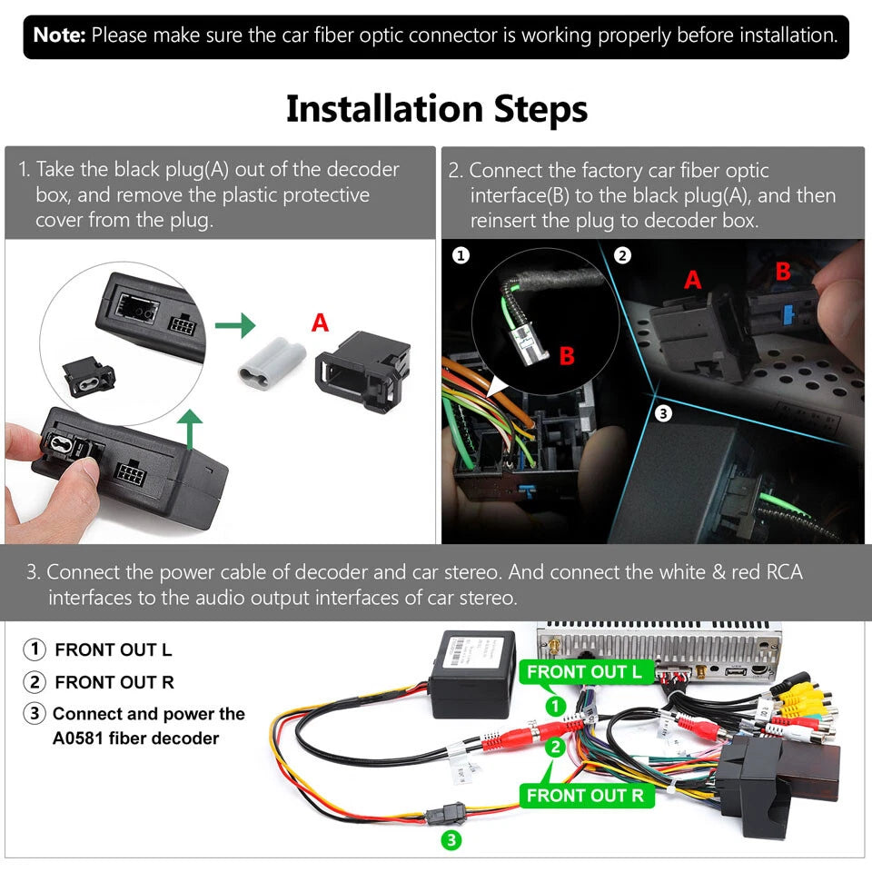 Black optical fiber decoder box with labeled input ports shown in detail, along with RCA cable and power adapter.