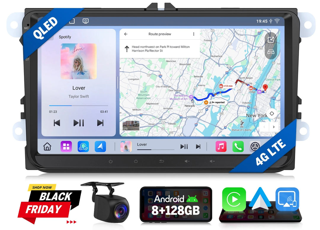 VWX6S PRO for VW Golf MK6 2009-2013 with 9-inch QLED 8+128 Android car stereo, map, and black dash camera.
