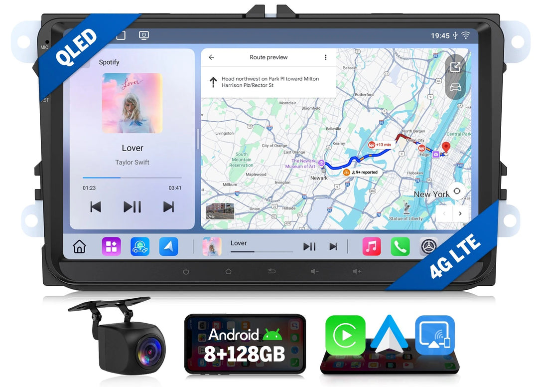 Black Eonon VWX6S PRO Android 13 car stereo with 9-inch touchscreen, route preview, and 4G LTE connectivity.