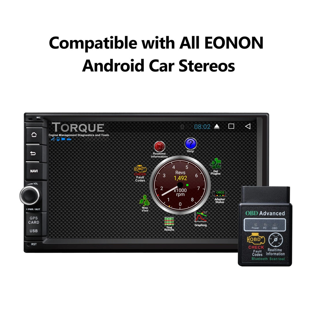 Black Bluetooth OBD2 scanner with touchscreen displaying Torque app, labeled “Compatible with All EONON Android Stereos.”