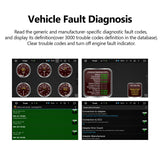 Black Bluetooth OBD2 scanner ELM327 with clear display showing fault codes and connecting to a car's ignition.