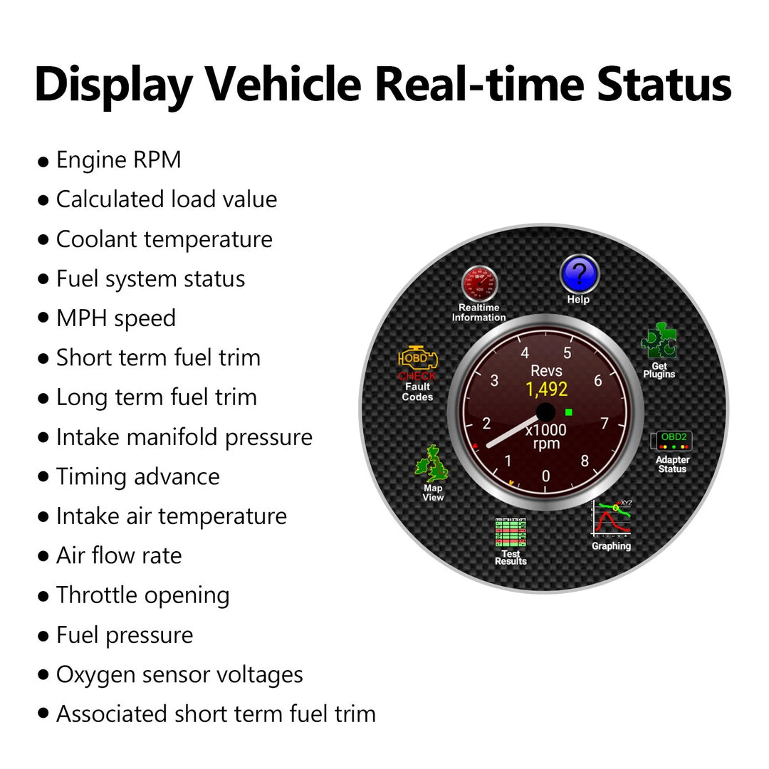 Black Bluetooth OBD2 scanner with real-time data display showing engine RPM, coolant temperature, and fuel system status.