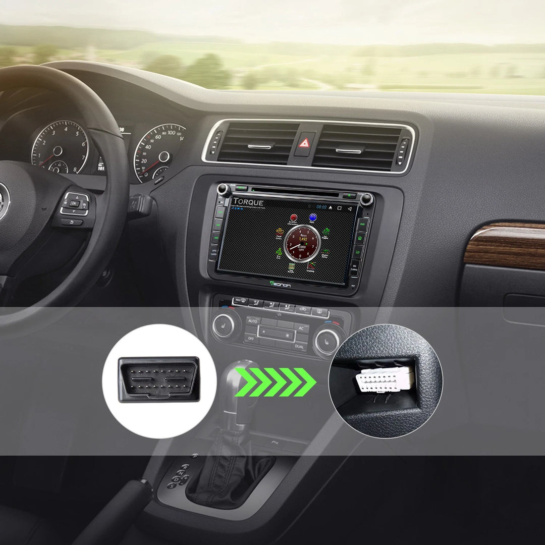 Black Bluetooth OBD2 scanner ELM327 in car with pop-up display, next to white plug-in OBDII code reader.
