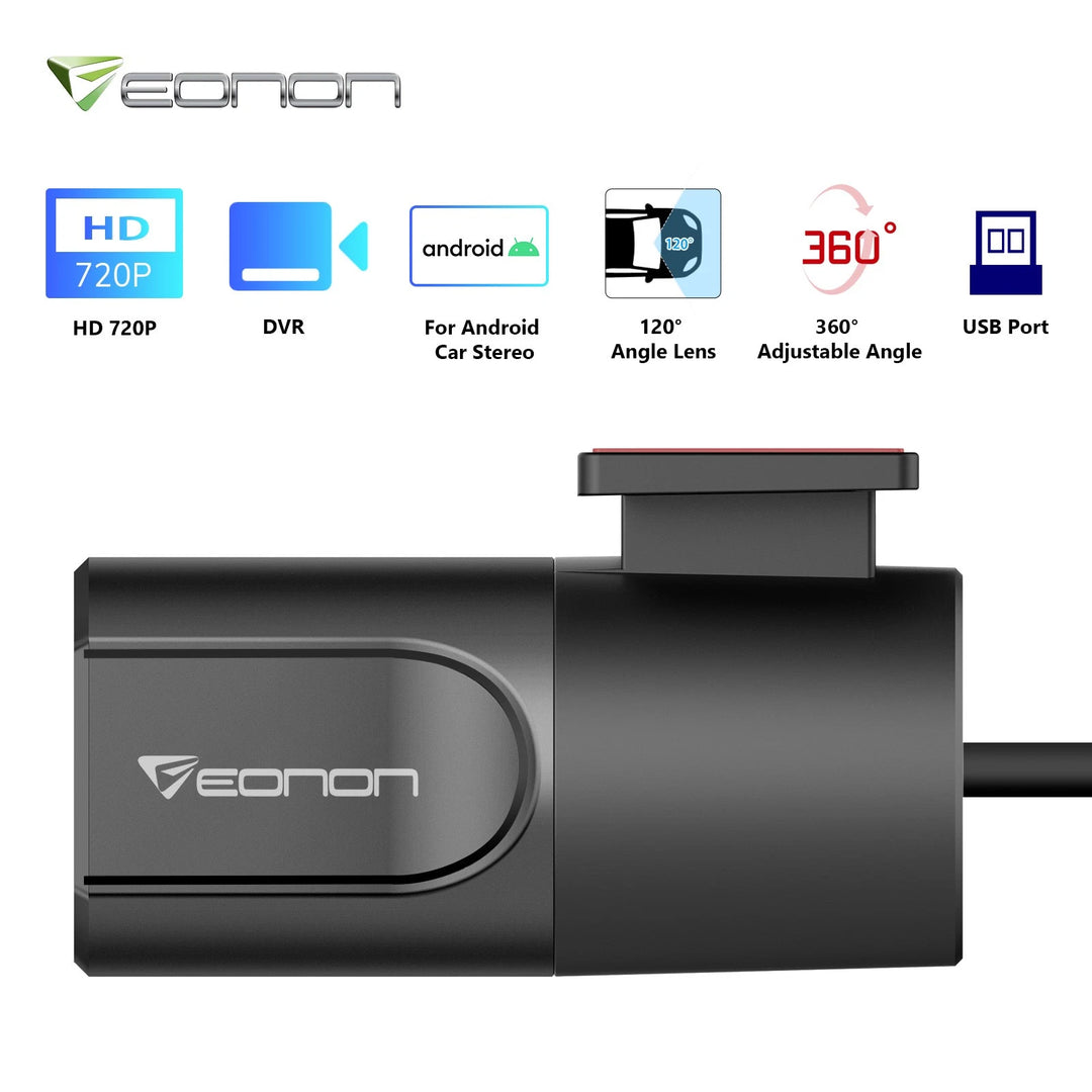 Black Eonon A100 front car dash cam with 720P resolution, adjustable angle lens, and visible Eonon logo on front panel.