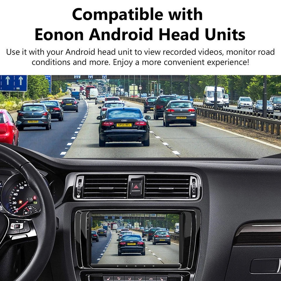 Black Eonon A100 dash cam DVR camera with front lens, side panel, and labeled buttons on a busy highway.