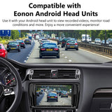 Black Eonon A100 dash cam DVR camera with front lens, side panel, and labeled buttons on a busy highway.