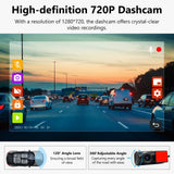 White Eonon A100 dashcam recording video of cars in traffic with blue sky and clouds, showing 120° adjustable angle lens.