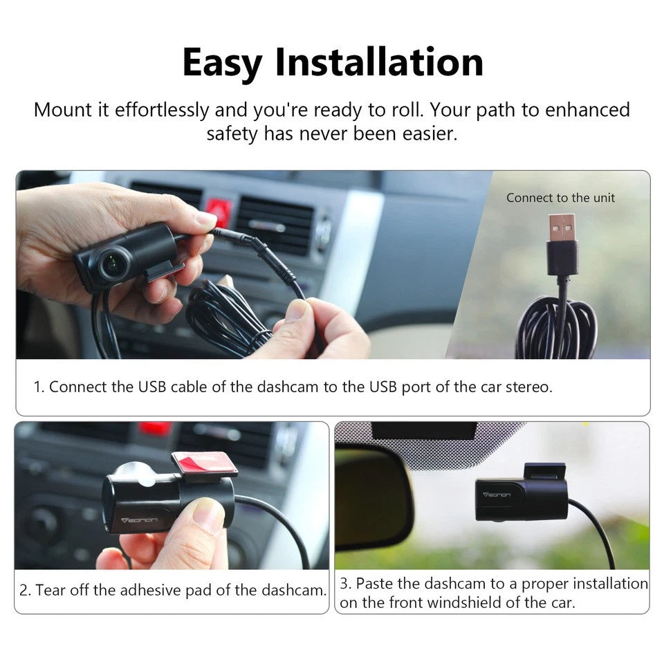 Black Eonon A100 front car dash cam with water-proof design, shown with USB cable and adhesive pad installation steps.