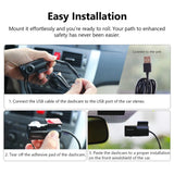 Black Eonon A100 front car dash cam with water-proof design, shown with USB cable and adhesive pad installation steps.