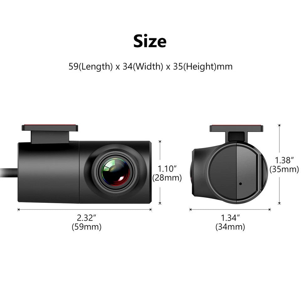 Black Eonon A100 front dash cam with 720P resolution, shown beside a white box labeled “Size” in millimeters.