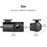 Black Eonon A100 front dash cam with 720P resolution, shown beside a white box labeled “Size” in millimeters.