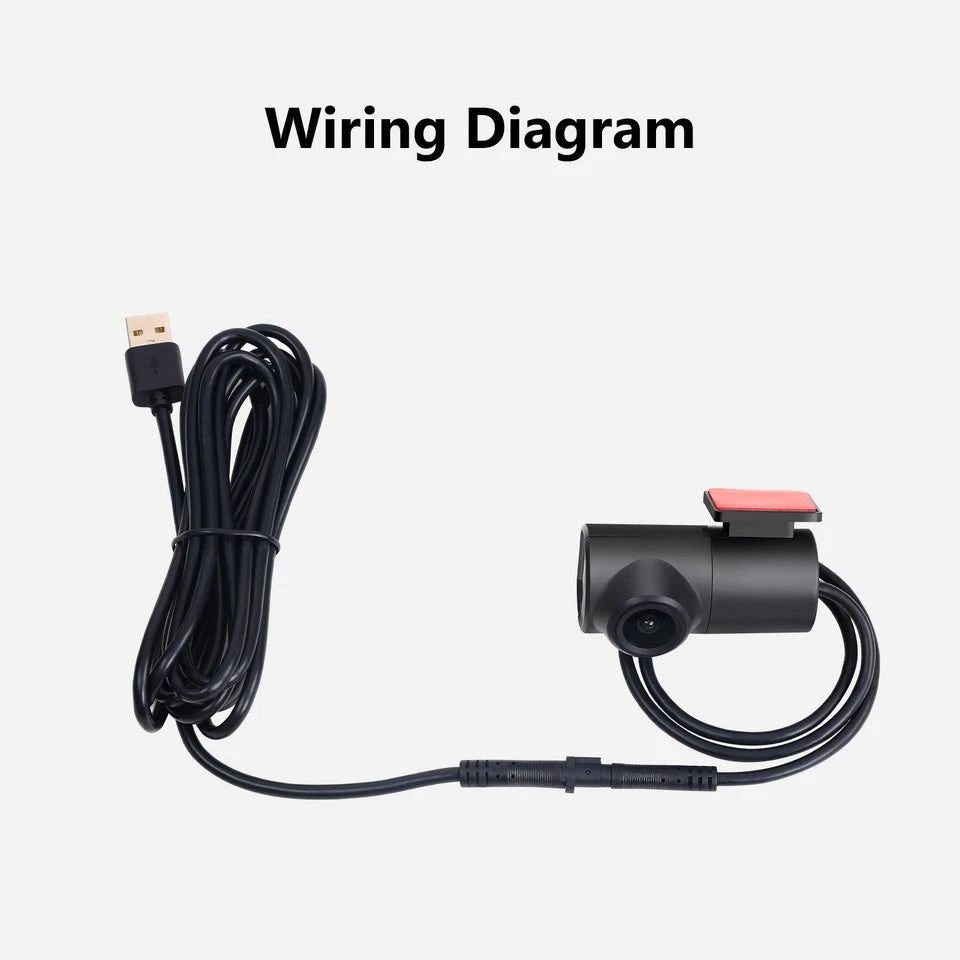 Black Eonon A100 front car dash cam with power cord and red-black dashcam mount on white background.